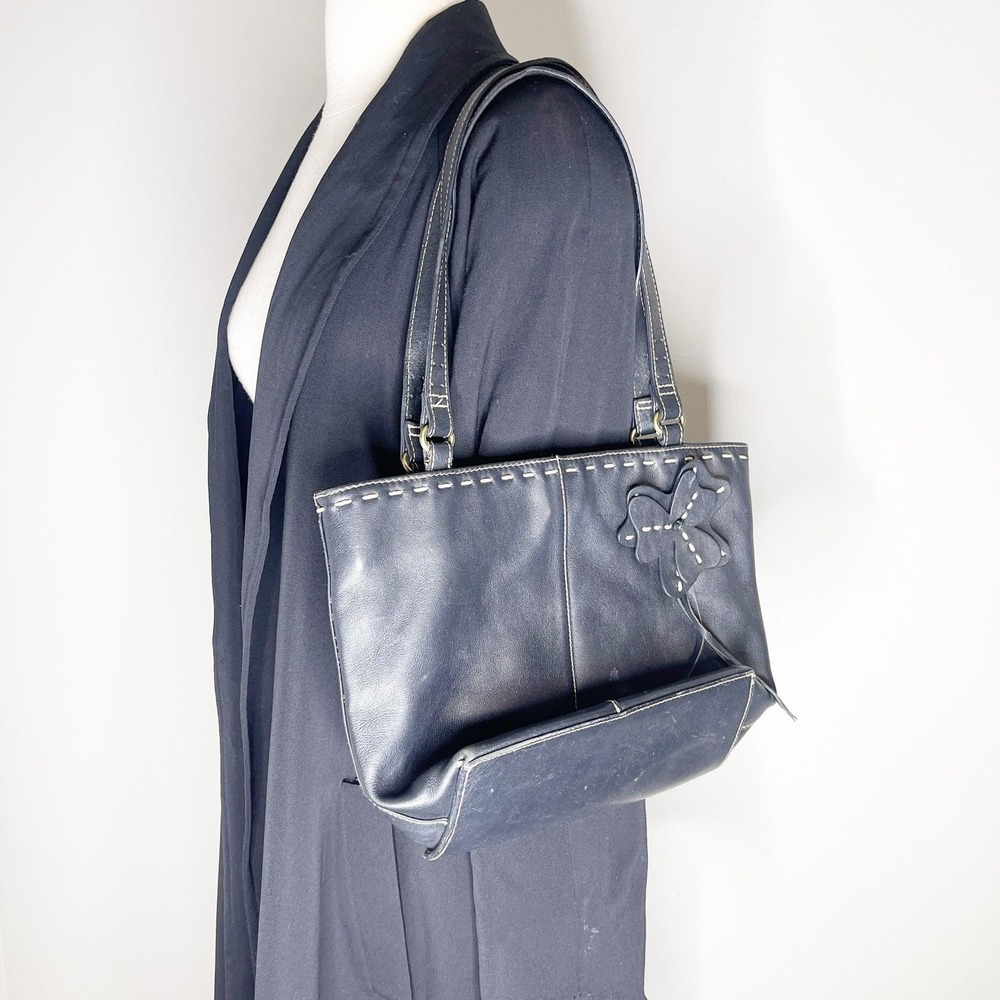 Preston & York Black‎ Leather Whipstitch Flower Applique Shoulder Bag Tote Boho